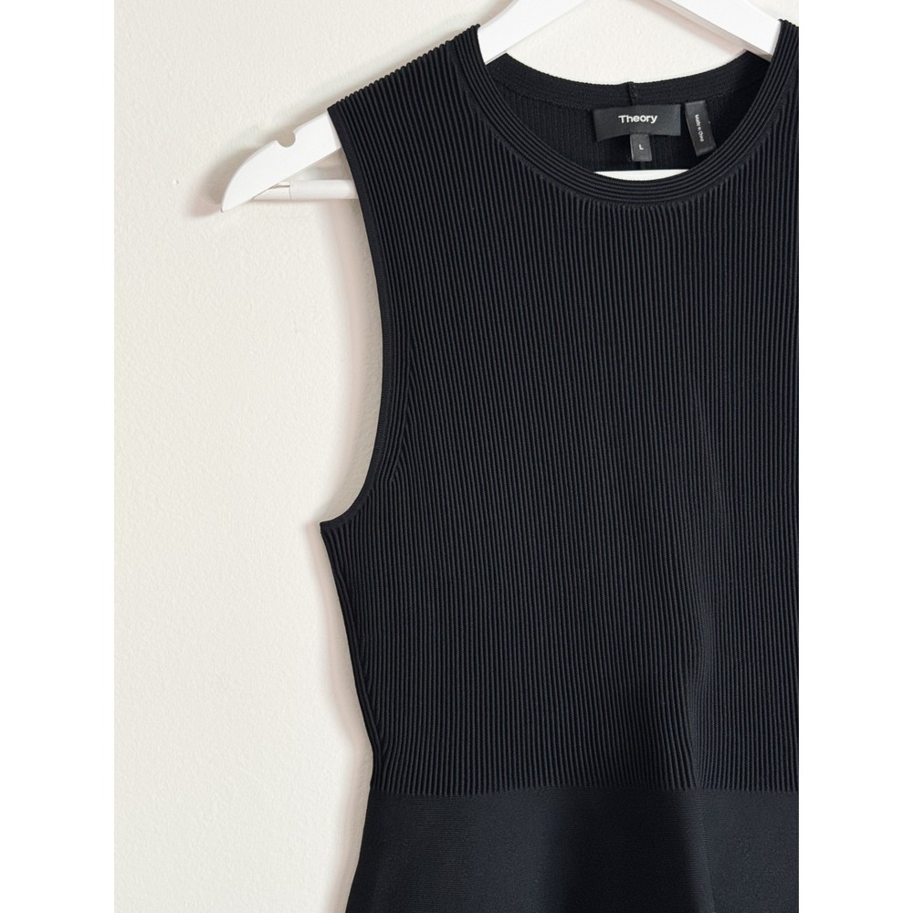 Theory Black Sleeveless Knit Peplum Top Fit & Flare Ribbed Textured Blouse Sz L - Picture 3 of 16